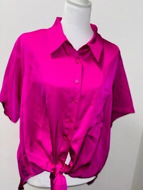 Calvin Klein Satin Button-Down Tie-Front Blouse - Fuchsia